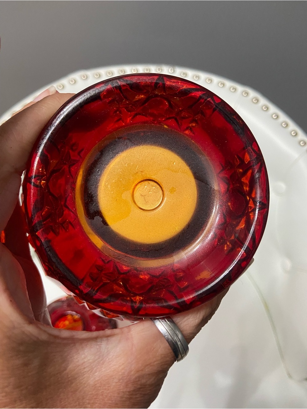 Vintage INDIANA GLASS Fairy Lamp Ruby Flash Red over Amber STARS & BARS - Picture 9 of 17